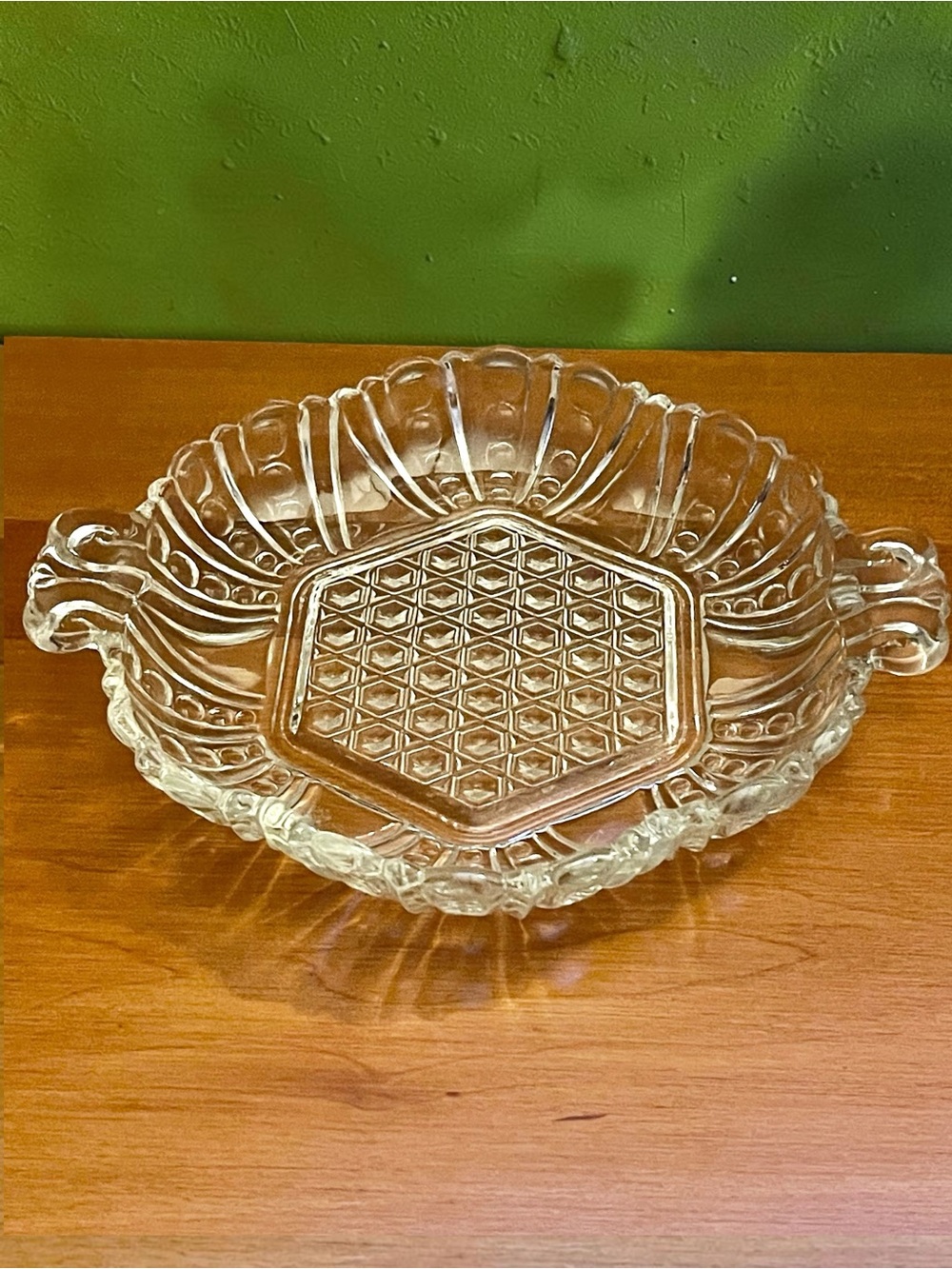 Anchor Hocking Dot Cane Patterned Clear Handle Bon Bon Giftware Dish